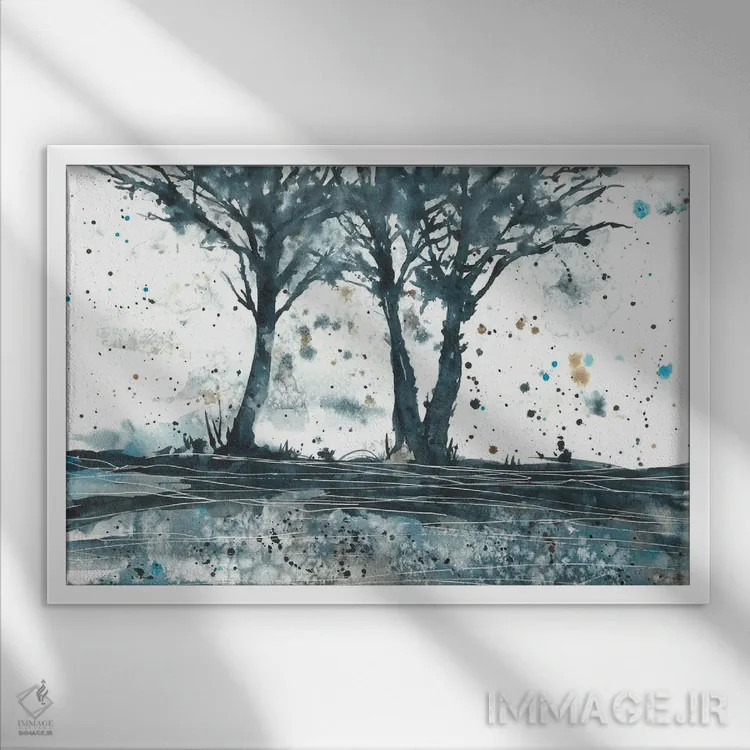 تابلو آبرنگ انتزاعی آبی و قهوهای اثر آنا اوز - نمای قابدار سفید