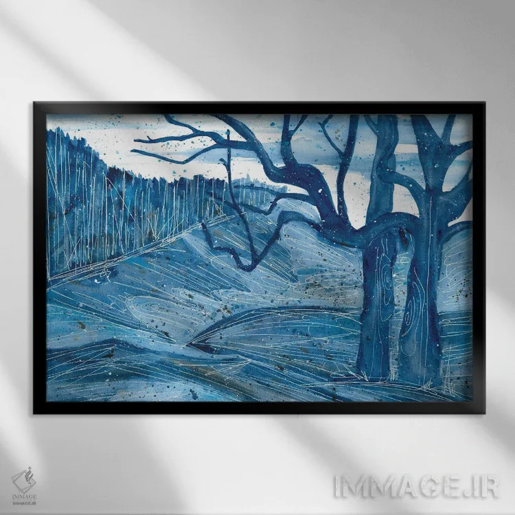 تابلو درختان آبی (آبرنگ) اثر آنا اوز - نمای قابدار مشکی