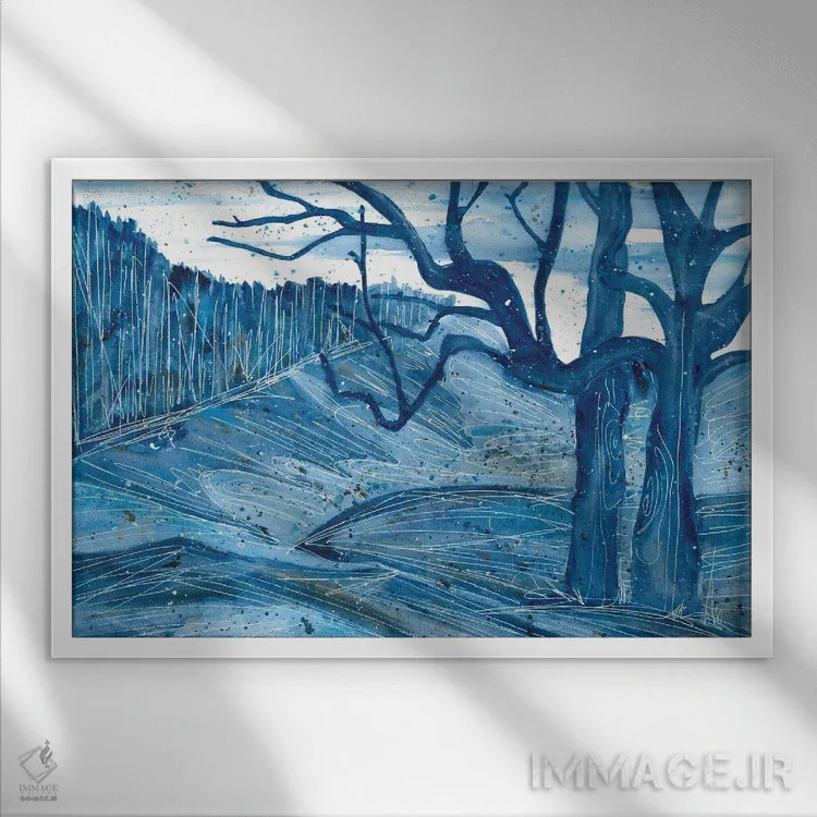 تابلو درختان آبی (آبرنگ) اثر آنا اوز - نمای قابدار سفید