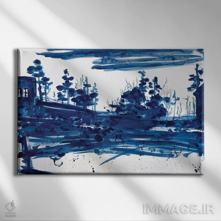 تابلو منظرهٔ مینیمال آبی تیره اثر آنا اوز - نمای روبهرو روی دیوار