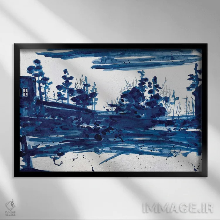 تابلو منظرهٔ مینیمال آبی تیره اثر آنا اوز - نمای قابدار مشکی