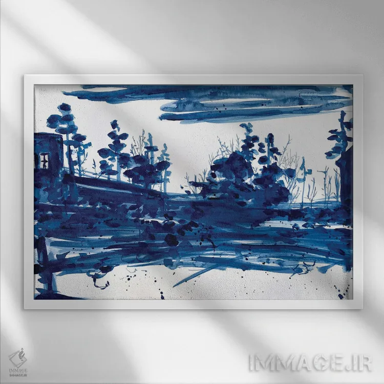 تابلو منظرهٔ مینیمال آبی تیره اثر آنا اوز - نمای قابدار سفید