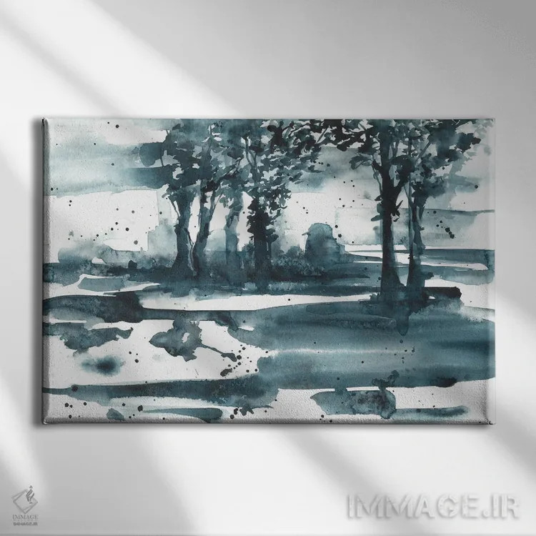 تابلو منظرهٔ طبیعت انتزاعی آبی اثر آنا اوز - نمای روبهرو روی دیوار