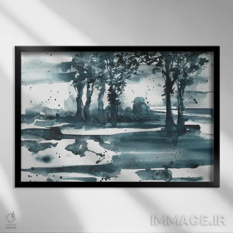 تابلو منظرهٔ طبیعت انتزاعی آبی اثر آنا اوز - نمای قابدار مشکی
