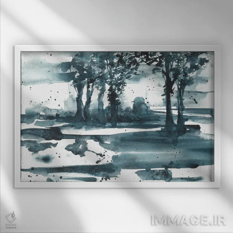 تابلو منظرهٔ طبیعت انتزاعی آبی اثر آنا اوز - نمای قابدار سفید