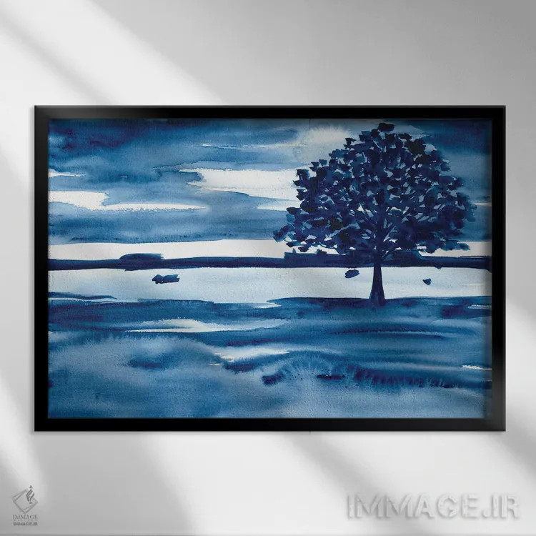 تابلو منظرهٔ آبرنگ با درخت آبی تیره اثر آنا اوز - نمای قابدار مشکی