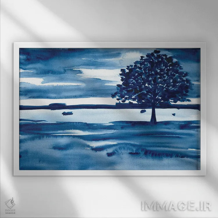 تابلو منظرهٔ آبرنگ با درخت آبی تیره اثر آنا اوز - نمای قابدار سفید