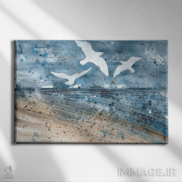 تابلو مرغان دریایی در ساحل اقیانوس با آبرنگ اثر آنا اوز - نمای روبهرو روی دیوار
