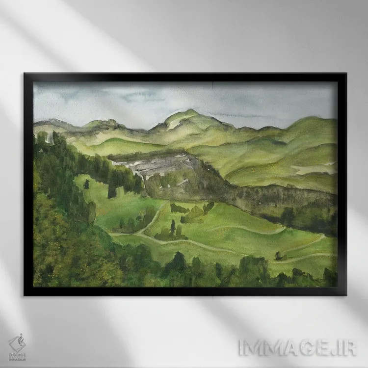 تابلو منظرهٔ الهامبخش کوههای سبز اثر آنا اوز - نمای قابدار مشکی