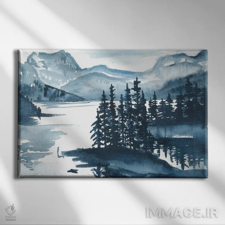 تابلو منظرهٔ کوهستانی آبی (آبرنگ) اثر آنا اوز - نمای روبهرو روی دیوار