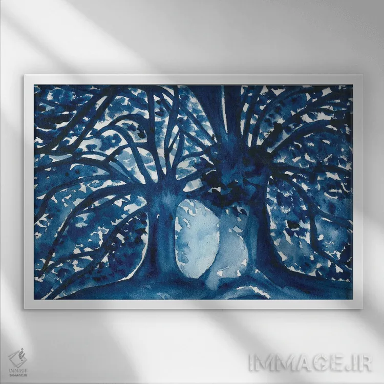 تابلو درختان آبی با تکنیک آبرنگ اثر آنا اوز - نمای قابدار سفید