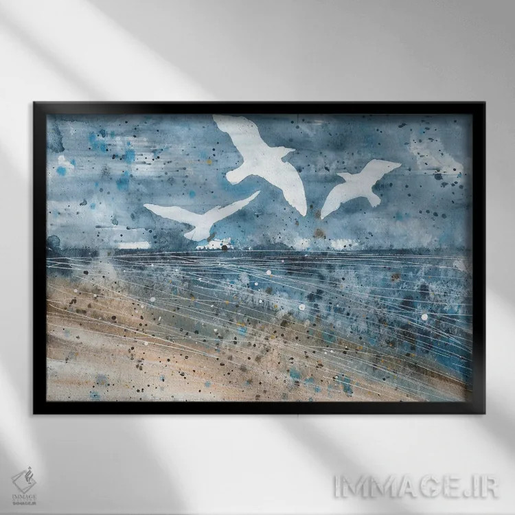 تابلو مرغان دریایی در ساحل اقیانوس با آبرنگ اثر آنا اوز - نمای قابدار مشکی