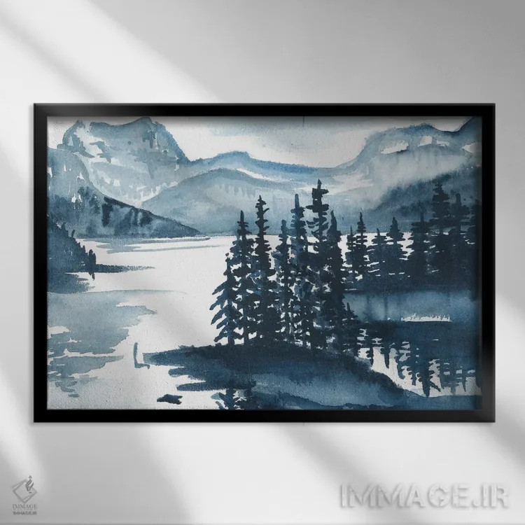 تابلو منظرهٔ کوهستانی آبی (آبرنگ) اثر آنا اوز - نمای قابدار مشکی