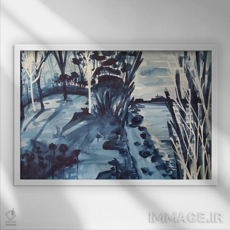 تابلو ساحل دریاچهٔ آبی اثر آنا اوز - نمای قابدار سفید