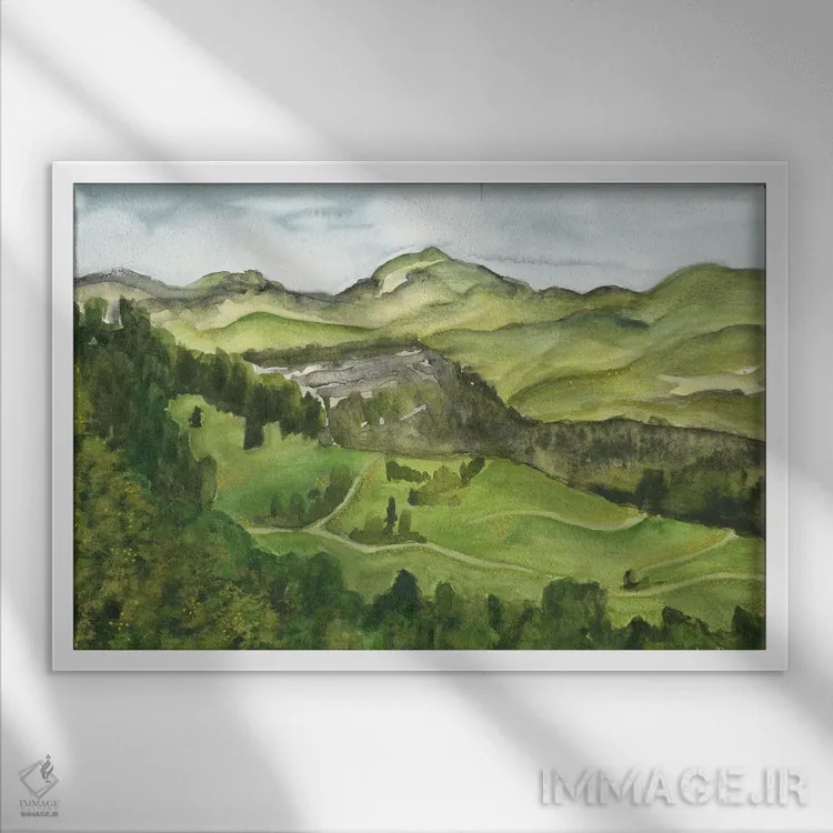 تابلو منظرهٔ الهامبخش کوههای سبز اثر آنا اوز - نمای قابدار سفید