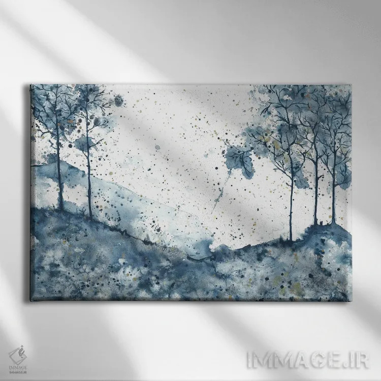 تابلو درختان انتزاعی آبی در کوهستان اثر آنا اوز - نمای روبهرو روی دیوار
