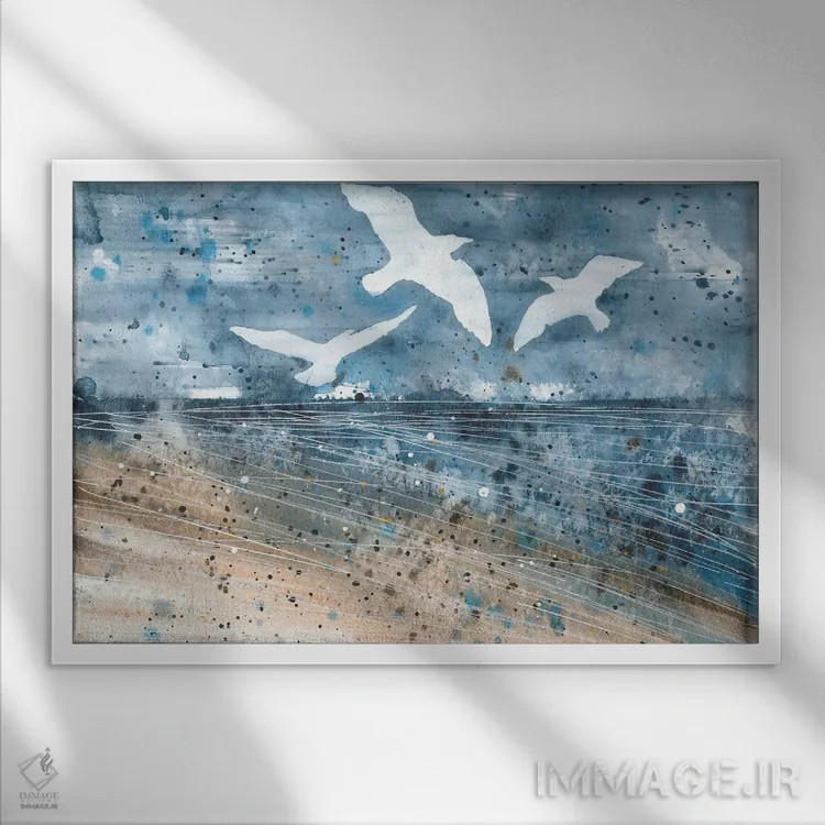 تابلو مرغان دریایی در ساحل اقیانوس با آبرنگ اثر آنا اوز - نمای قابدار سفید