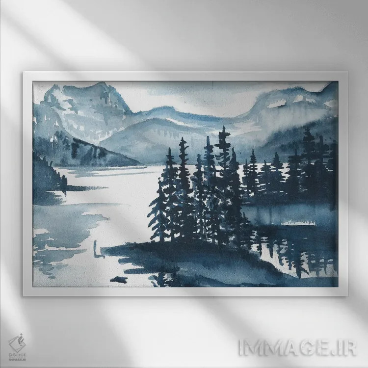 تابلو منظرهٔ کوهستانی آبی (آبرنگ) اثر آنا اوز - نمای قابدار سفید