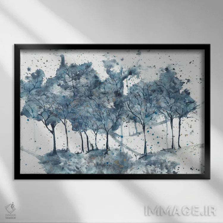 تابلو درختان آبی انتزاعی در دشتی باز اثر آنا اوز - نمای قابدار مشکی