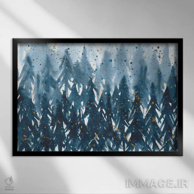 تابلو انتزاعی جنگل آبی اثر آنا اوز - نمای قابدار مشکی