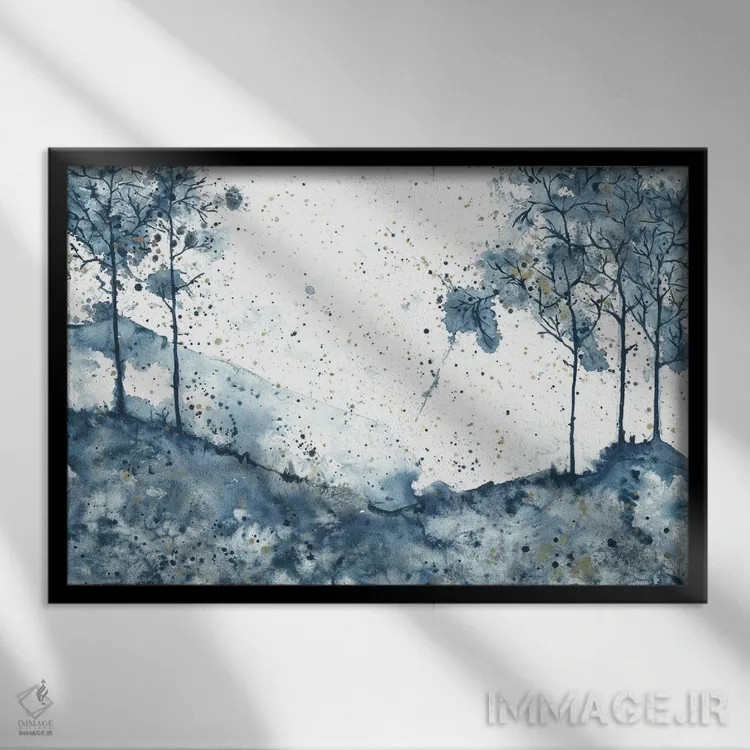 تابلو درختان انتزاعی آبی در کوهستان اثر آنا اوز - نمای قابدار مشکی