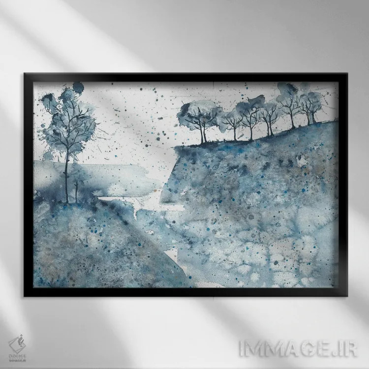 تابلو کوهستانهای انتزاعی آبی در دریا اثر آنا اوز - نمای قابدار مشکی