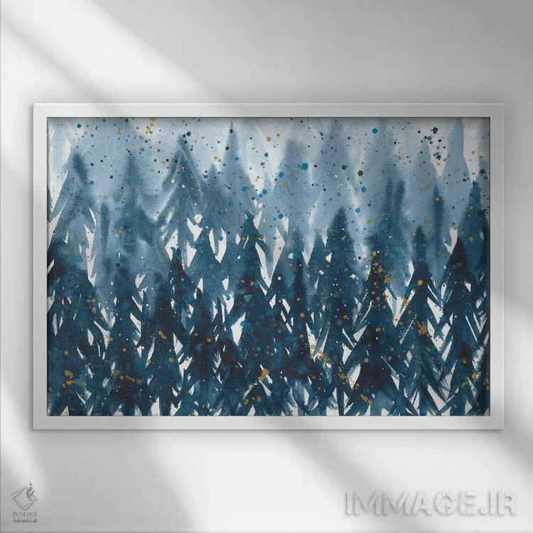 تابلو انتزاعی جنگل آبی اثر آنا اوز - نمای قابدار سفید