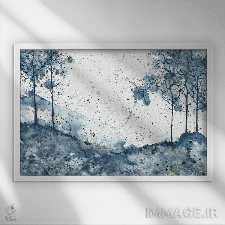 تابلو درختان انتزاعی آبی در کوهستان اثر آنا اوز - نمای قابدار سفید