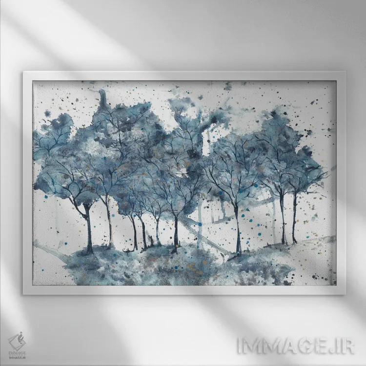 تابلو درختان آبی انتزاعی در دشتی باز اثر آنا اوز - نمای قابدار سفید