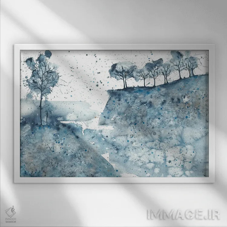 تابلو کوهستانهای انتزاعی آبی در دریا اثر آنا اوز - نمای قابدار سفید
