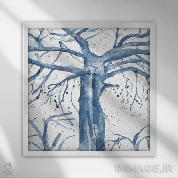 تابلو درخت انتزاعی آبی اثر آنا اوز - نمای قابدار سفید