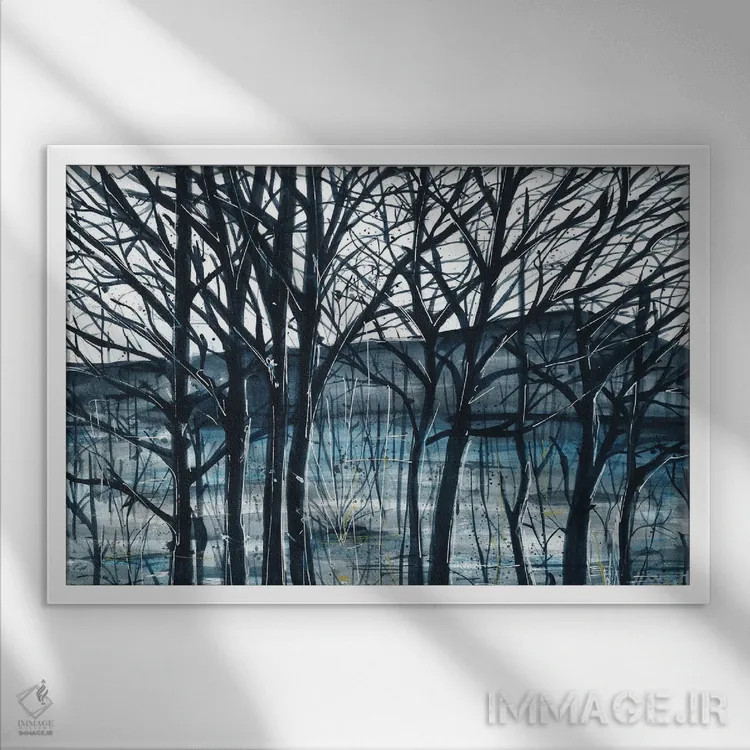 تابلو منظره طبیعی انتزاعی آبی و درختان اثر آنا اوز - نمای قابدار سفید