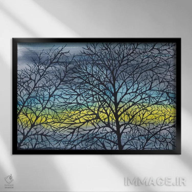 تابلو غروب روشن، منظره آبی اثر آنا اوز - نمای قابدار مشکی