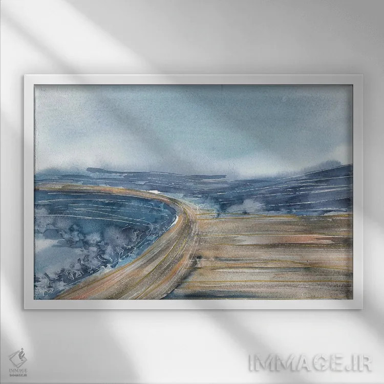 تابلو ساحل دریاچه آبی، منظره آبی اثر آنا اوز - نمای قابدار سفید