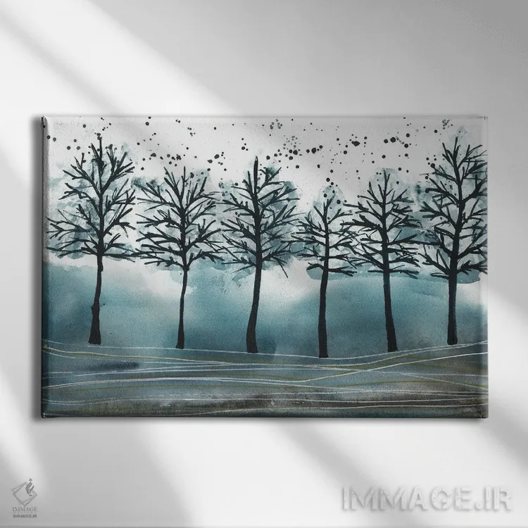 تابلو جنگل آبی صبحگاهی، منظره آبرنگ اثر آنا اوز - نمای روبهرو روی دیوار