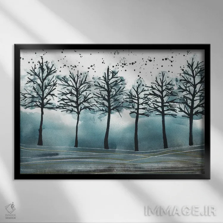 تابلو جنگل آبی صبحگاهی، منظره آبرنگ اثر آنا اوز - نمای قابدار مشکی
