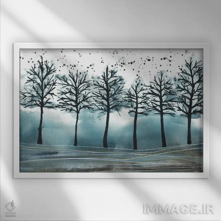 تابلو جنگل آبی صبحگاهی، منظره آبرنگ اثر آنا اوز - نمای قابدار سفید