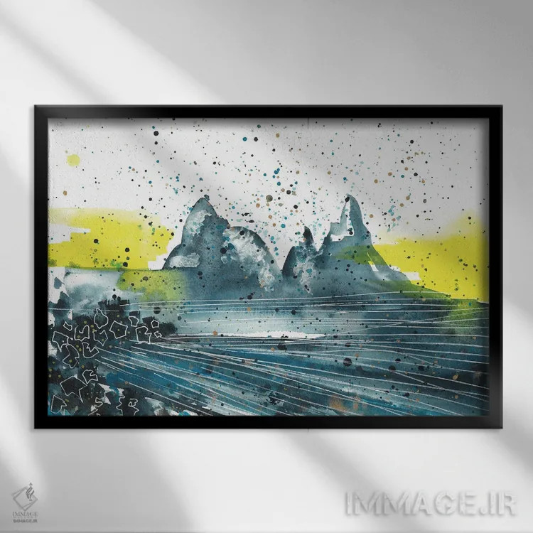 تابلو غروب در کوهستان، منظره آبی اثر آنا اوز - نمای قابدار مشکی