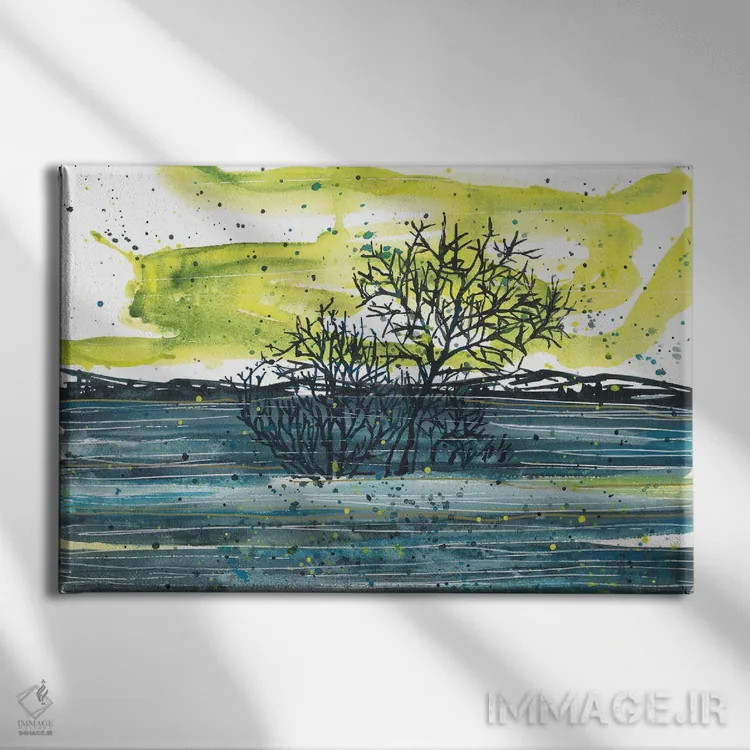 تابلو منظره آبی آفتابی با آبرنگ و درختان اثر آنا اوز - نمای روبهرو روی دیوار