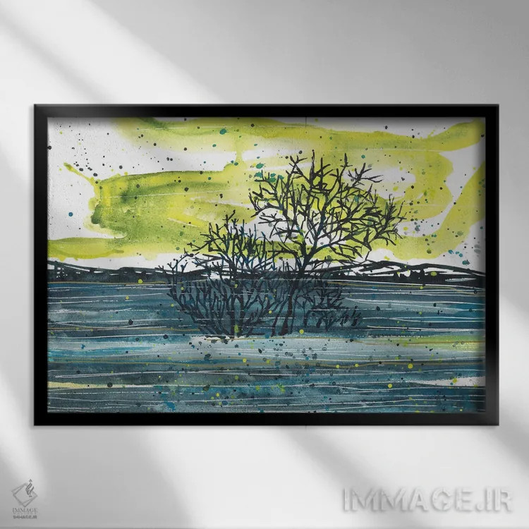 تابلو منظره آبی آفتابی با آبرنگ و درختان اثر آنا اوز - نمای قابدار مشکی
