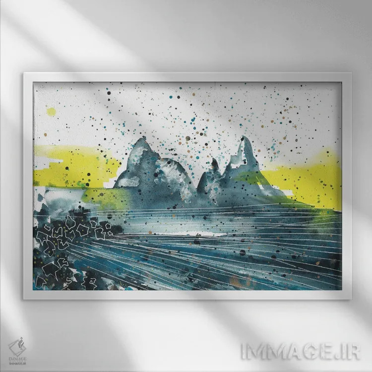 تابلو غروب در کوهستان، منظره آبی اثر آنا اوز - نمای قابدار سفید