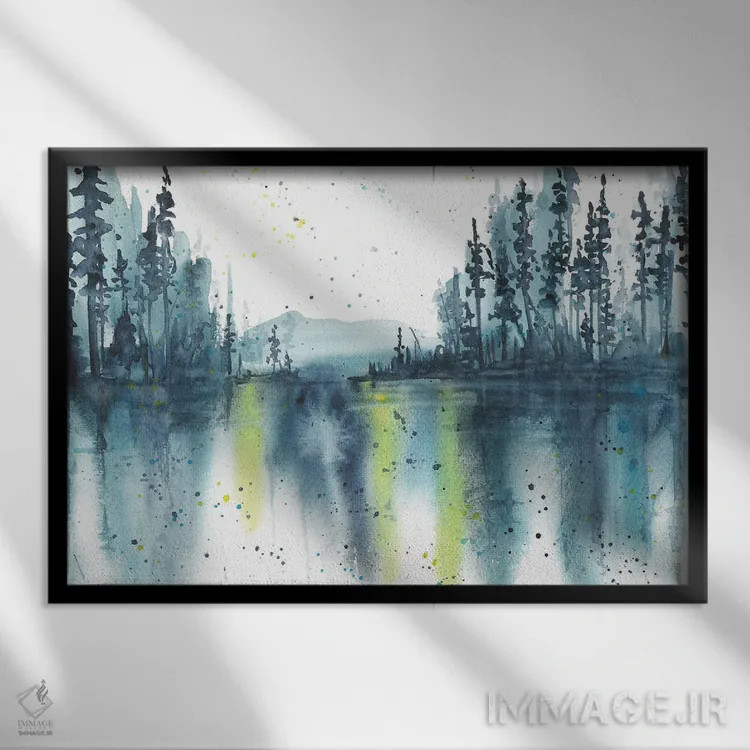 تابلو منظره آبی با آبرنگ، بازتاب در دریاچه اثر آنا اوز - نمای قابدار مشکی