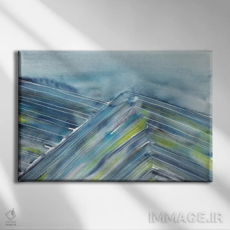 تابلو انتزاعی آسمان آبی و کوههای رنگارنگ اثر آنا اوز - نمای روبهرو روی دیوار