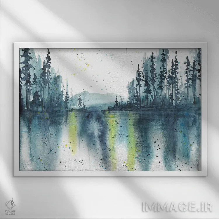 تابلو منظره آبی با آبرنگ، بازتاب در دریاچه اثر آنا اوز - نمای قابدار سفید