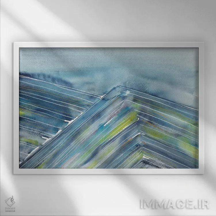 تابلو انتزاعی آسمان آبی و کوههای رنگارنگ اثر آنا اوز - نمای قابدار سفید