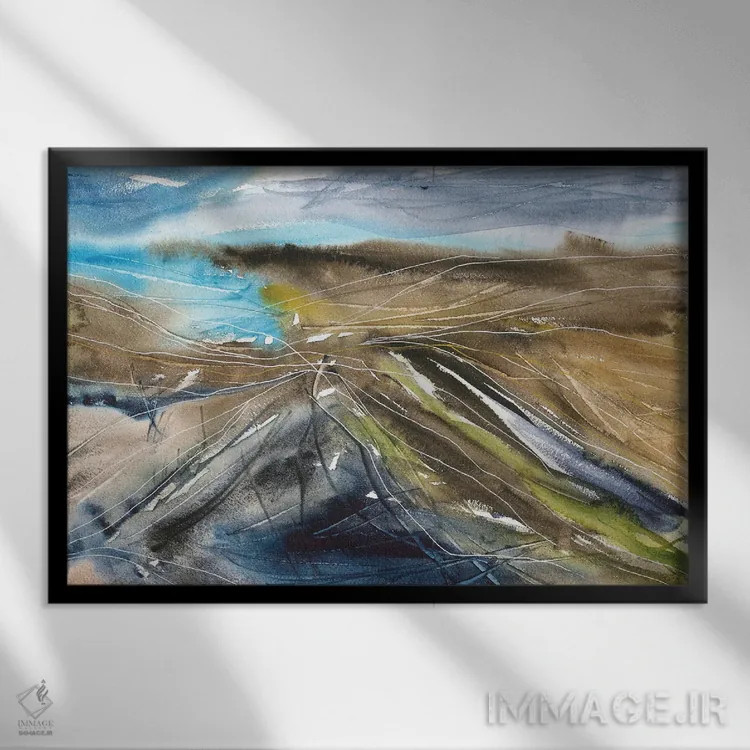 تابلو منظره انتزاعی آبی و قهوهای با آبرنگ اثر آنا اوز - نمای قابدار مشکی