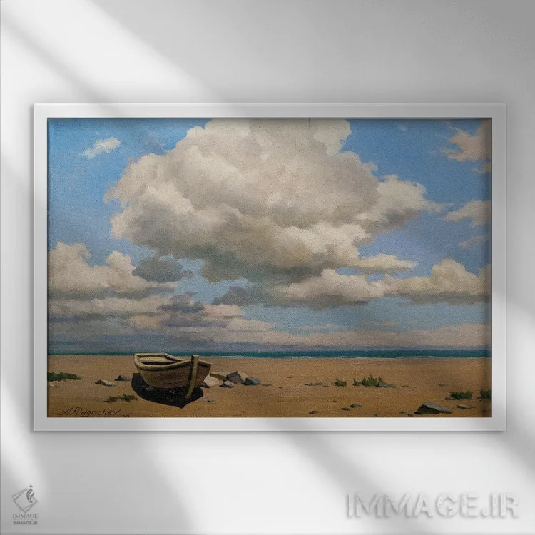 تابلو ساحل متروکه اثر آندری پینگاچف - نمای قابدار سفید