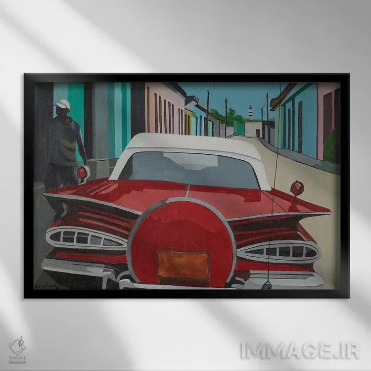 تابلو ماشین قرمز، کوبا اثر آن دو پلنتی - نمای قابدار مشکی
