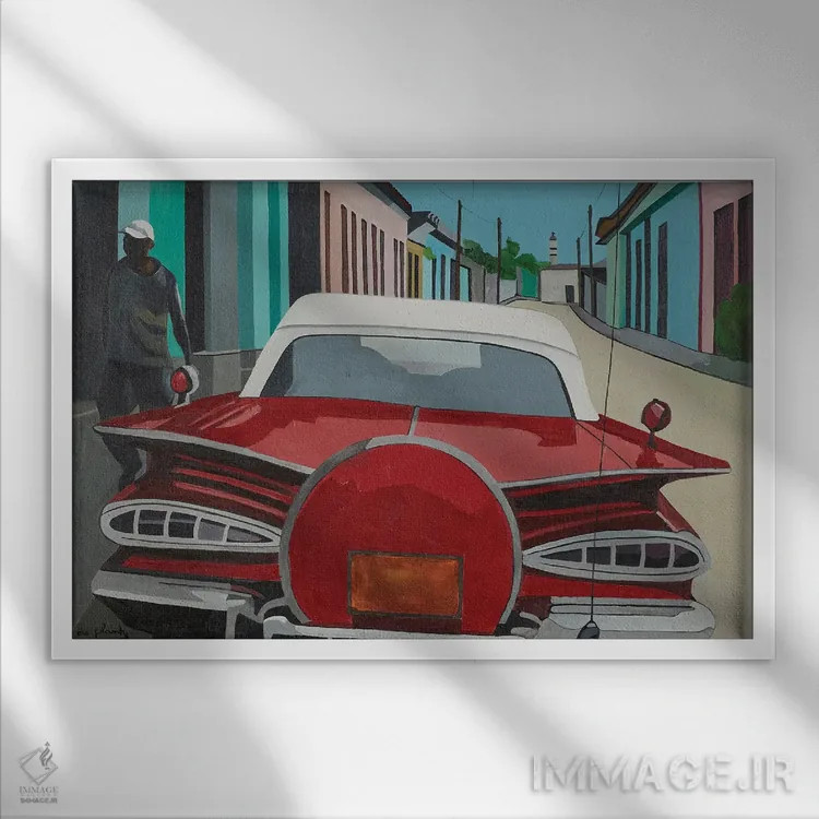 تابلو ماشین قرمز، کوبا اثر آن دو پلنتی - نمای قابدار سفید