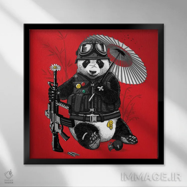 تابلو پاندای موتورسوار اثر آلبرتو پرز - نمای قابدار مشکی